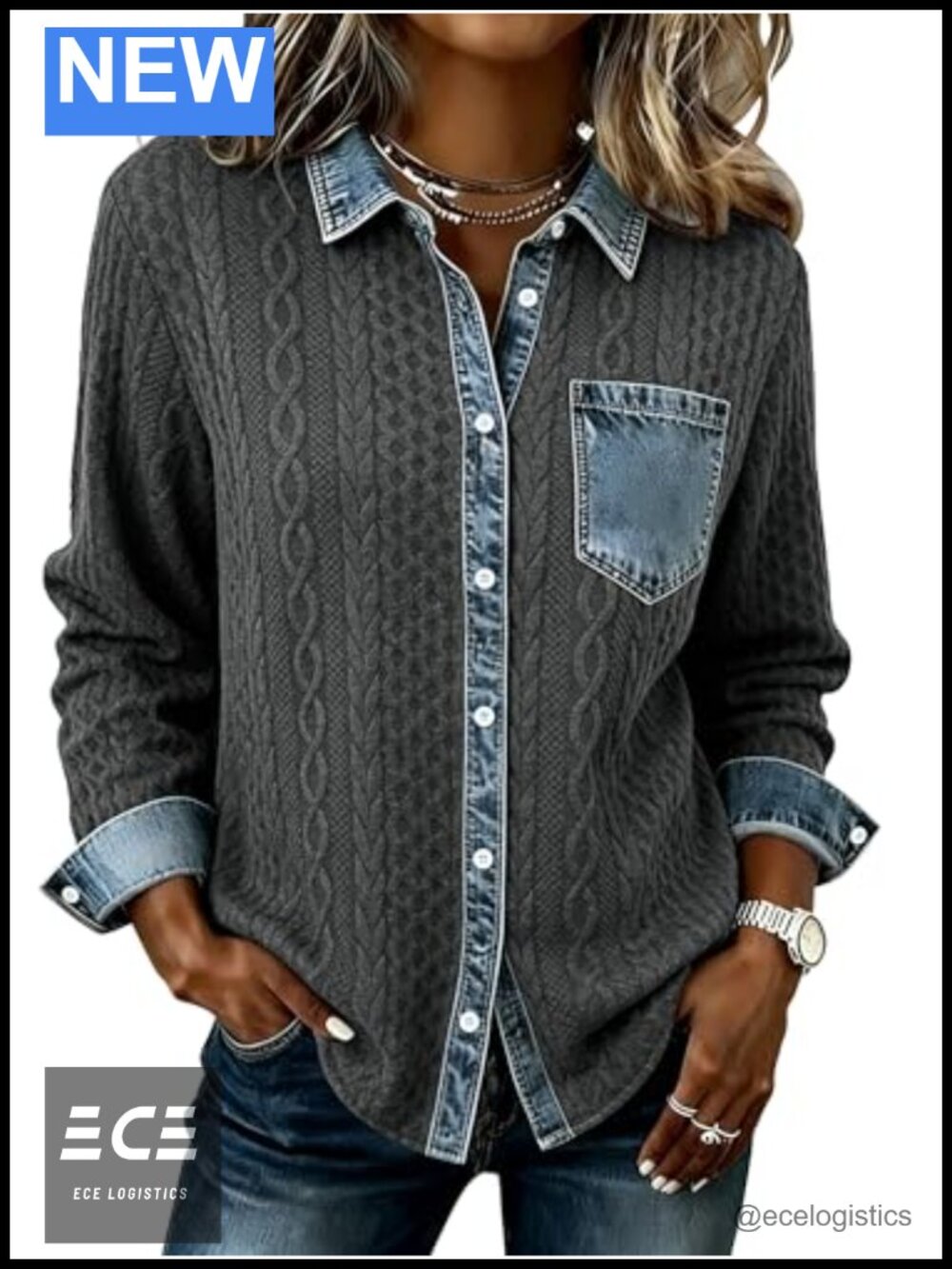 Jean Patchwork Cable Knit Shacket Women's Casual Jacket Fall